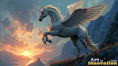 On a rocky mountain at sunset, a white unicorn with wings rears up above the valley