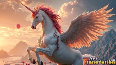 Rearing back, a winged pale white unicorn with a pink mane spreads its wings over mountains
