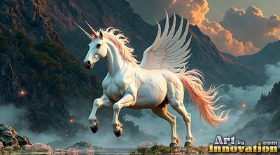 A winged bright white unicorn sprints through a rocky valley at dusk