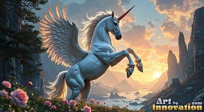 A spiral red horn tops a white winged alicorn rearing above a misty mountain valley at sunset