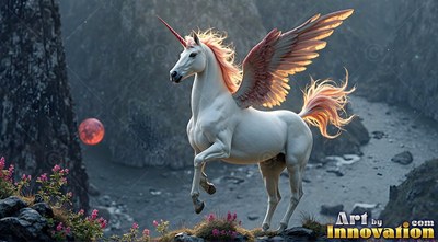 A winged white unicorn trots on a rocky ridge with warm pink light across its feathered wings