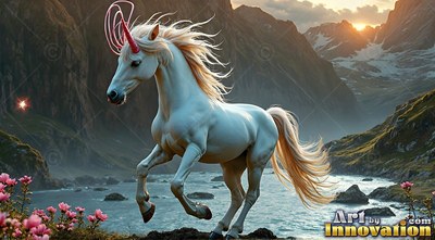 Trotting forward in a mountain valley, a bright white unicorn with a red horn