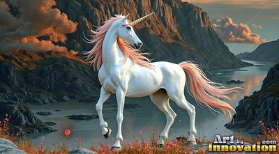 A pure white unicorn with a pink mane stands beside a mountain lake at sunset