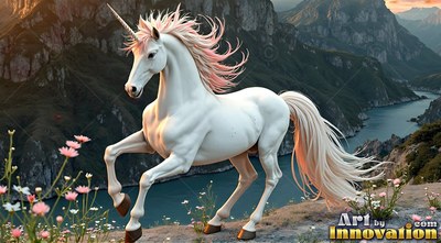 Above a mountain lake, a white unicorn prances along a rocky cliff with pink flowers