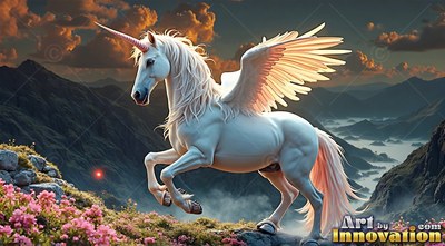 Prancing on a mountain ridge, a flying bright white unicorn lifts its front hooves at sunset