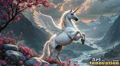 A white winged unicorn rears up in a mountain valley by pink flowers