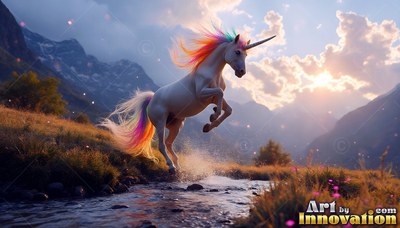 Rainbow mane flying back, a bright white unicorn rears in a shallow stream at sunset