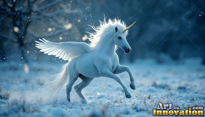 A white winged unicorn with feathers gallops across snowy ground in cool blue winter light