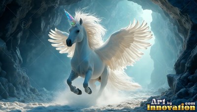 Wings spread wide, a flying pure white unicorn canters through a blue cave opening