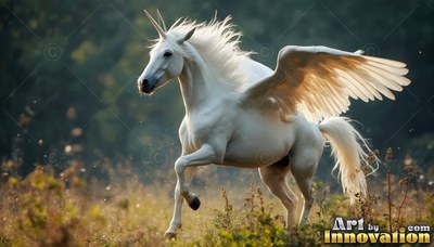 A white winged unicorn sprints through an open field in warm afternoon light