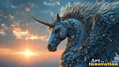 Against a sunset sky, a blue alicorn with feathered wings looks to the side