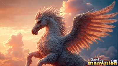 Soaring through pink sunset clouds, a feathered bright white alicorn spreads wide wings