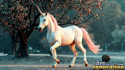 White unicorn with a pink mane trotting past trees