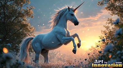 Pointed spiral horn raised high, a pale white unicorn rears in a field of flowers at sunset