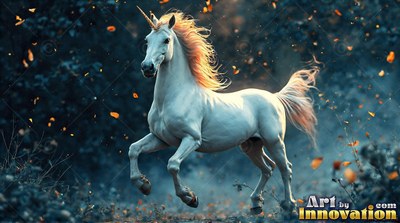 A white unicorn runs through dark woods under warm backlight on its mane