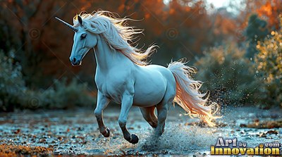 Galloping forward through shallow water, a bright white unicorn splashes past autumn woods