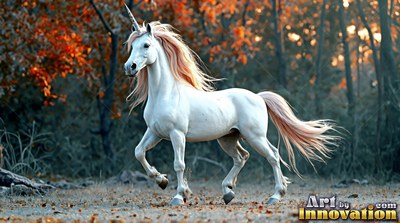 A bright white unicorn with a peach mane trots through an autumn forest