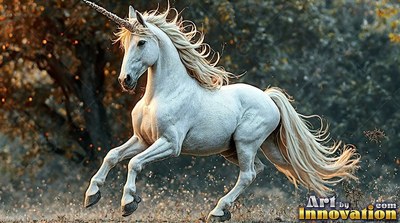In a sunlit forest, a snow-white unicorn runs across the grass with its mane flying