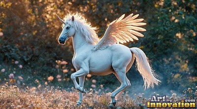 Trotting across a sunlit meadow, a pure white alicorn spreads feathered wings