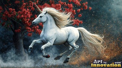Bright white unicorn galloping past a tree with red leaves