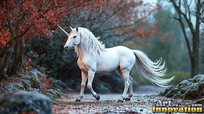 A pointed horn leads a pale white unicorn walking past trees with rust red leaves