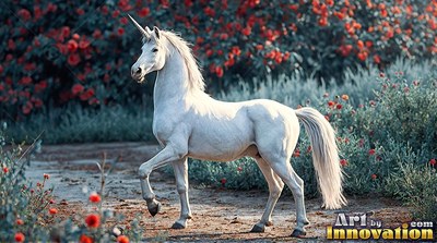 A white unicorn trots along a dirt path beside red flowers in soft daylight