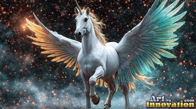 Facing forward, a white winged unicorn with feathers runs through dark misty sparks