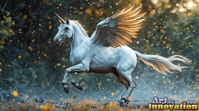 A flying bright white unicorn charges through an autumn forest in warm sunlight
