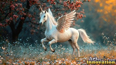 In a sunlit forest, a white winged alicorn gallops across a field of small flowers