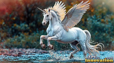 Galloping through shallow water, a flying white unicorn kicks up clear spray