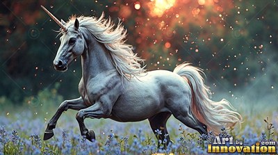 Pure white unicorn galloping through a field of purple flowers at sunset