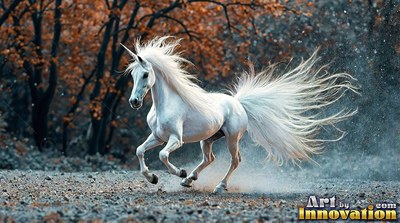 With a windblown mane, a snow-white unicorn gallops through an autumn forest