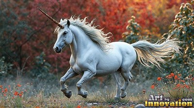 A snow-white unicorn runs across an open field in front of red autumn foliage