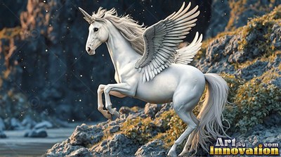 Rearing in profile, a white winged unicorn leaps across rocky ground