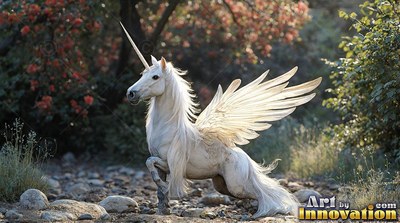 A white winged alicorn spreads its feathered wings on a rocky path by bushes