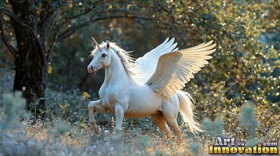 In a sunny forest clearing, a white alicorn gallops forward with raised wings