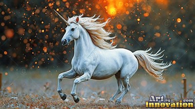 Galloping across a field, a snow-white unicorn runs with orange light sparks behind it