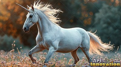 White unicorn galloping through a field of wild flowers at sunset