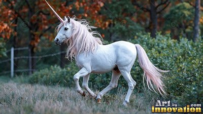 A striped red horn tops a snow-white unicorn trotting past woods with autumn leaves
