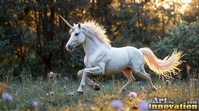 A snow-white unicorn runs across a field with warm sunlight catching its mane