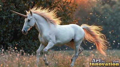 Galloping across a sunlit meadow, a white unicorn has a windblown mane