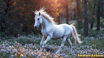 A bright white unicorn trots through a field of wildflowers in warm woods