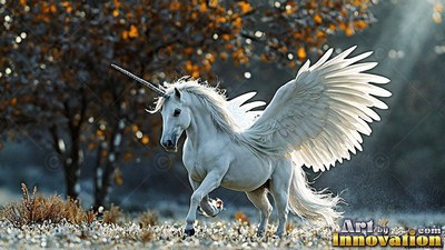 In a sunlit autumn forest, a snow-white alicorn trots forward with spread wings