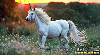 Trotting through a flower field at sunset, a bright white unicorn runs with windblown mane