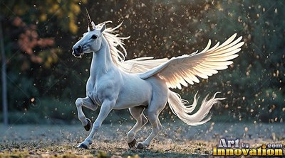 A bright white unicorn with wings trots through a grassy field in sunlight