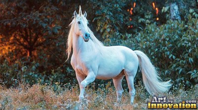 A single spiral horn tops a white unicorn trotting through leafy green woods at dusk