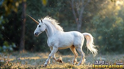 A bright white unicorn trots across a grassy field under warm afternoon sunlight