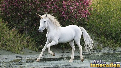 Trotting through shallow water, a snow-white unicorn passes pink blooming bushes