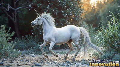 Pure white unicorn running along a dirt path by green bushes