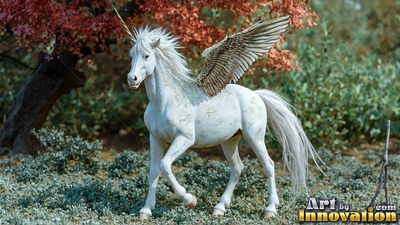 Feathered wings spread as a snow-white alicorn walks through frosted grass past red trees